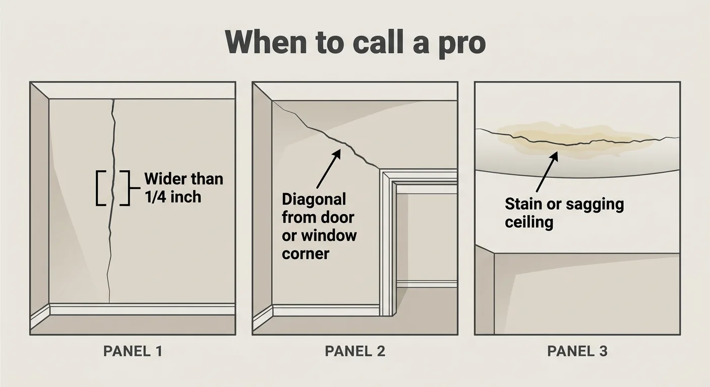 How to Repair a Crack in Drywall: 7 Steps That Hold Up 4 Diagram showing warning signs: crack wider than 1/4 inch, diagonal from a corner, and stained or sagging ceiling.