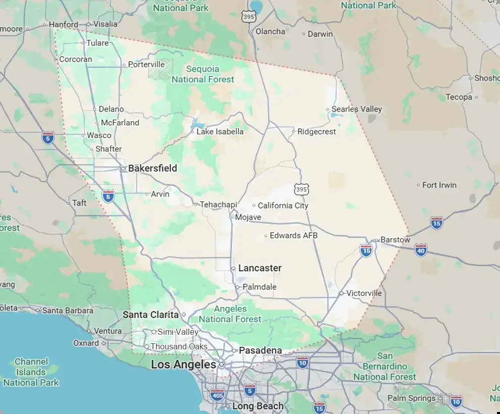 Precision Patch Pros service area map from Tulare to Pasadena, including Simi Valley, Thousand Oaks and Barstow