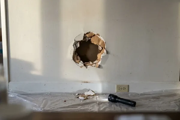 Large ragged hole in painted drywall above a baseboard, showing torn paper and crumbled gypsum