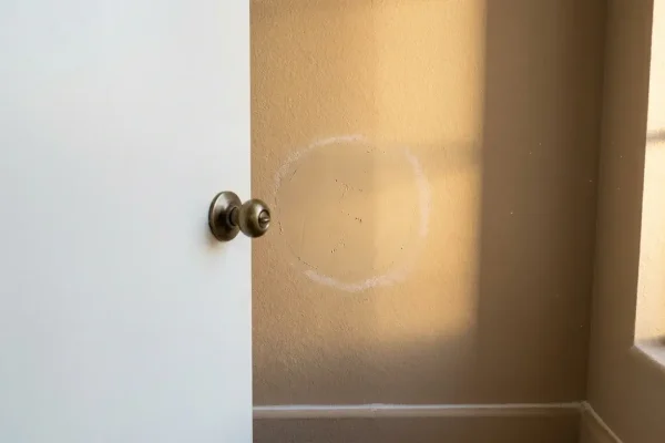 Open interior door with knob near a freshly repaired circular drywall patch at knob height on a textured wall