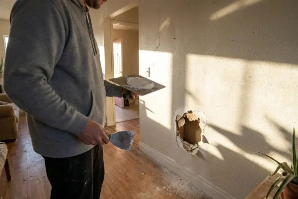 Doorknob-sized drywall hole above a baseboard in a sunlit high-desert home interior