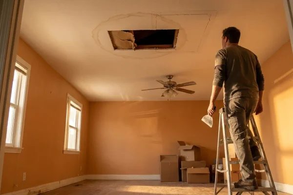Ceiling with a rectangular cutout, faint water ring, and hairline crack visible in raking afternoon light.