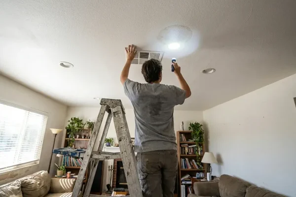 Homeowner checks a faint water stain on a ceiling with a flashlight in a lived-in Southern California room.