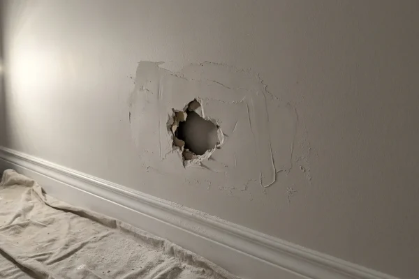 Fist-sized drywall hole being feathered with joint compound under raking hallway light