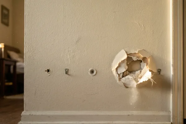 Three types of drywall anchor damage: small screw hole, clean round anchor hole, and a torn cratered pullout.