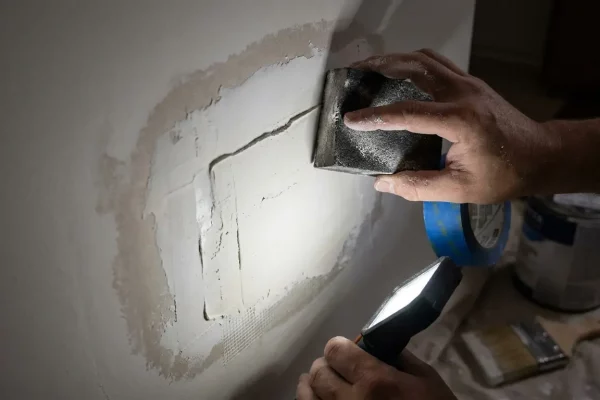 Homeowner sanding a drywall patch during a DIY drywall repair project