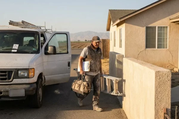 Professional drywall repair contractor arriving at a home in Earlimart, California