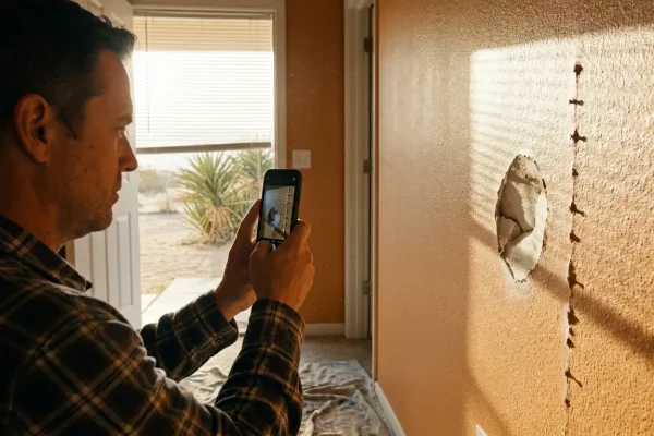 Homeowner photographing drywall hole damage for a repair quote in a Barstow three-bedroom house