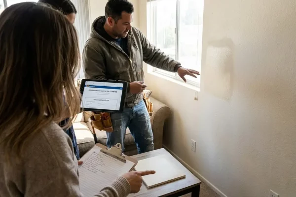 Punch hole inspection in Tarzana apartment with contractor assessing drywall damage before repair