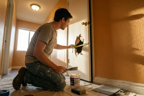 Drywall damage assessment showing doorknob hole repair process steps