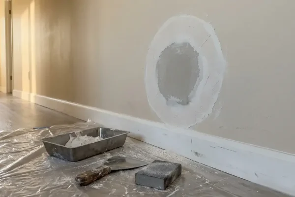 Drywall wall patch showing a dry outer ring and darker center still drying above a baseboard