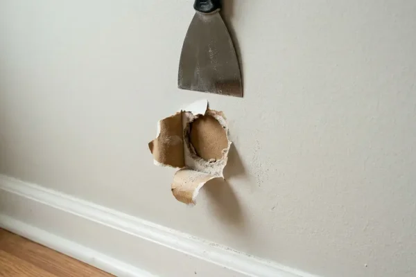 Dime-sized drywall hole with torn paper edge at doorknob height, putty knife held flat to scrape flush